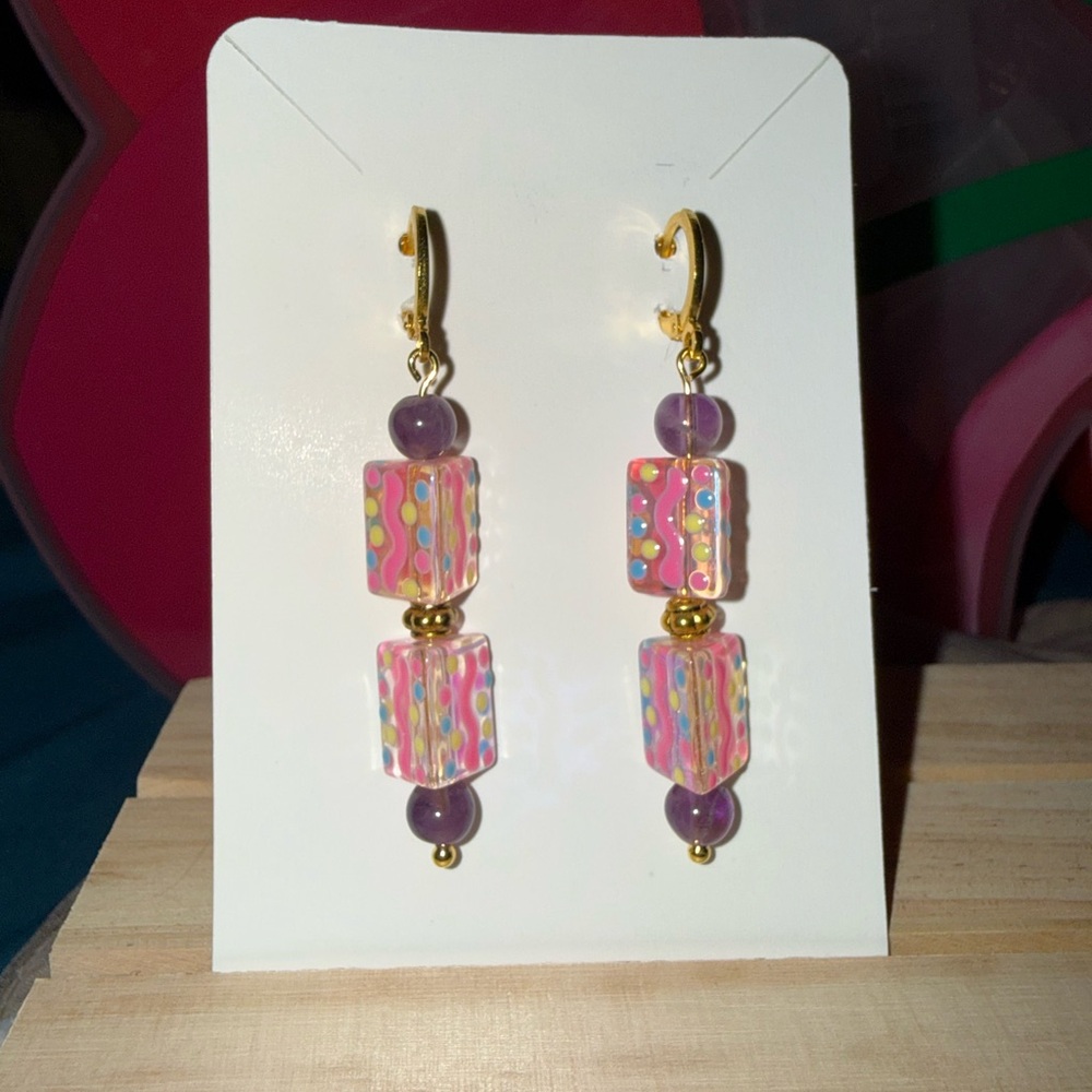 Colorful Amethyst and Lamp Work Glass Beaded Earrings